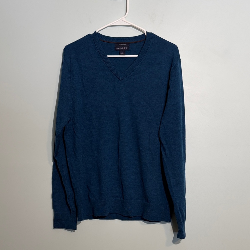 Lands’ End 100% Merino Wool Blue V-Neck Men’s Sweater Size Large 42-44